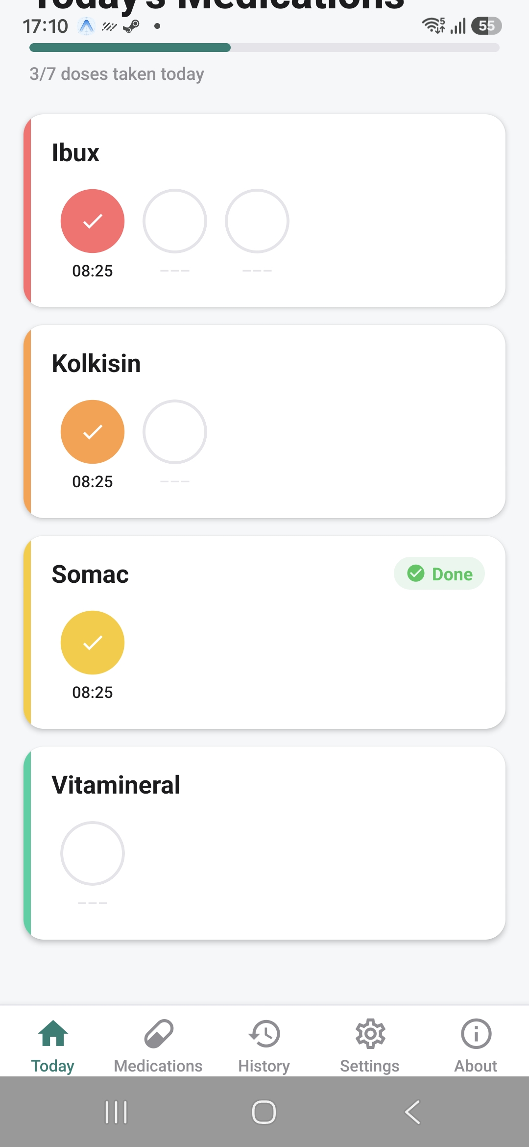 Today's Medications screen with dose progress and checkmarks